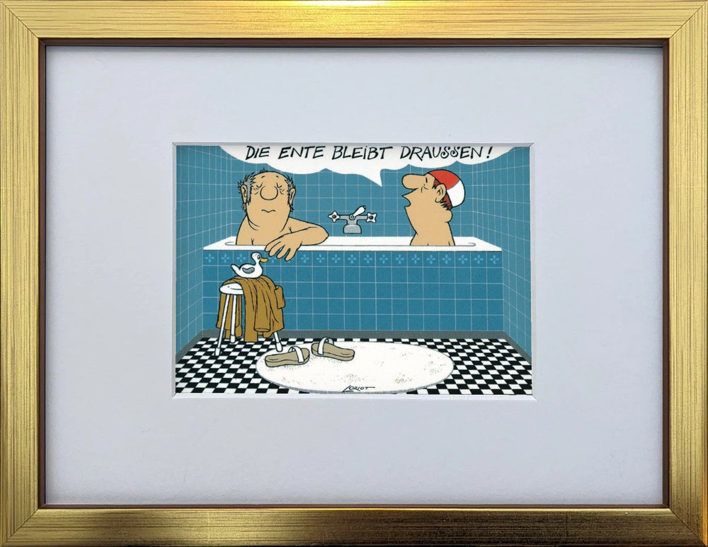 Loriot „Die Ente bleibt draußen!“ als gerahmter Miniprint im goldenen Holzrahmen mit Passepartout