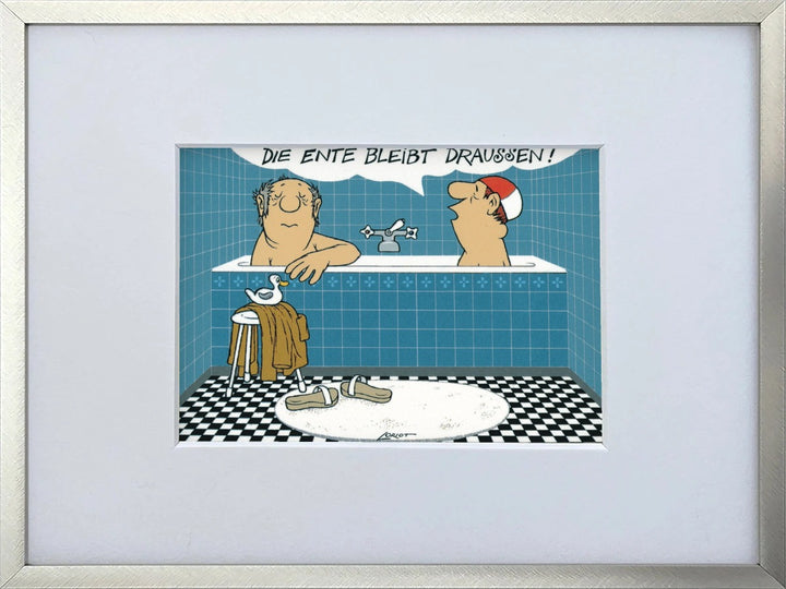 Loriot „Die Ente bleibt draußen!“ als gerahmter Miniprint im silbernen Metallrahmen mit Passepartout