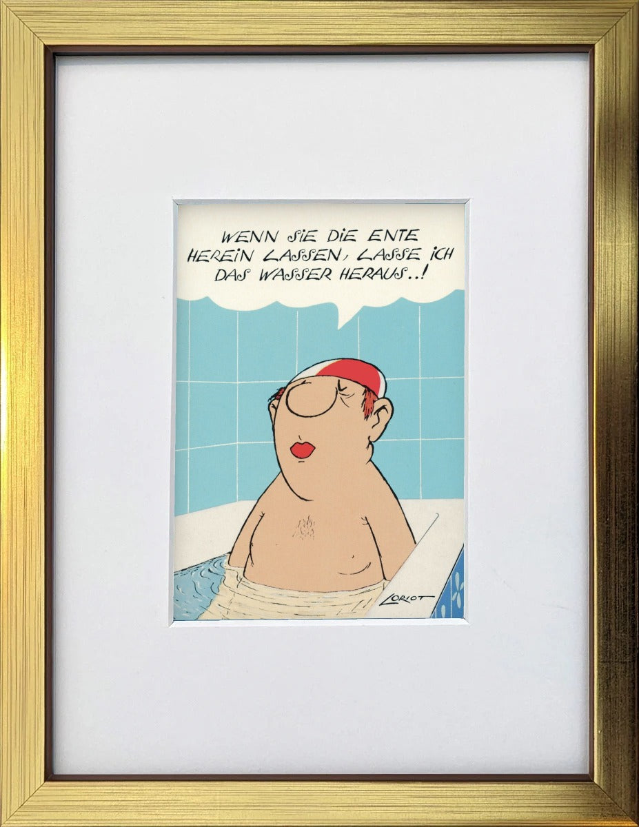 Loriot „Wenn Sie die Ente herein lassen…“ als gerahmter Miniprint im goldenen Holzrahmen mit Passepartout