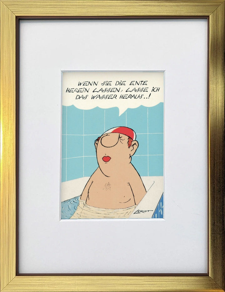 Loriot „Wenn Sie die Ente herein lassen…“ als gerahmter Miniprint im goldenen Holzrahmen mit Passepartout