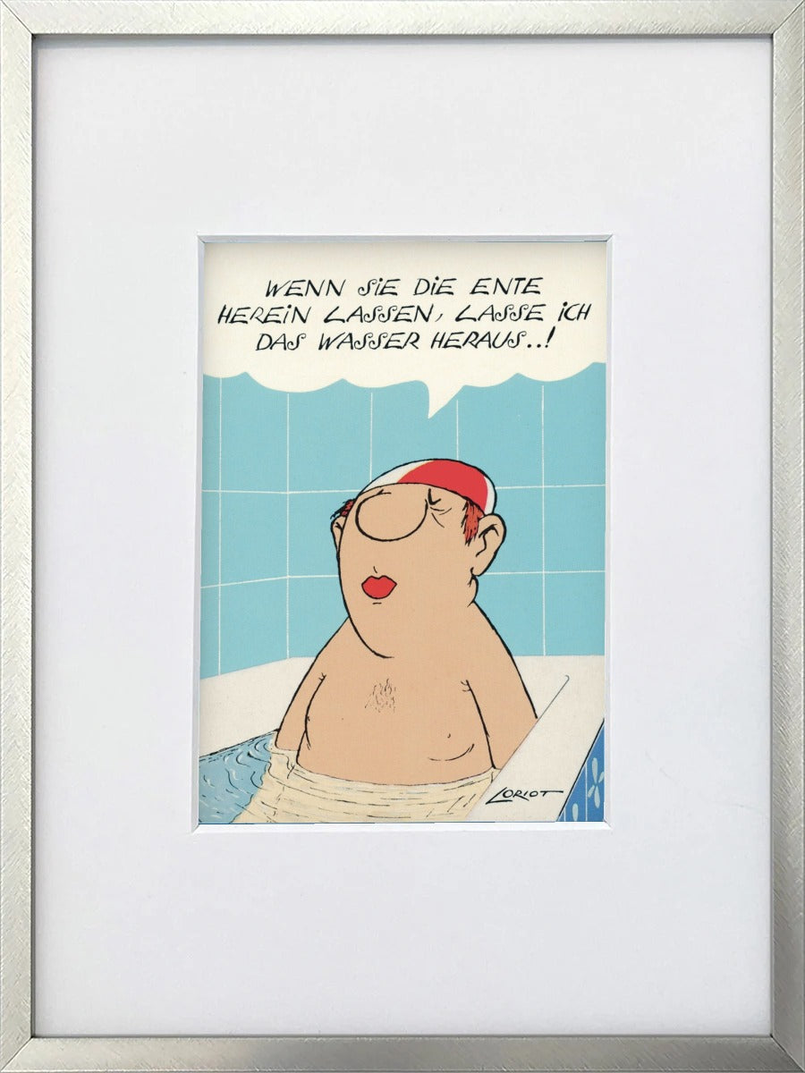 Loriot „Wenn Sie die Ente herein lassen…“ als gerahmter Miniprint im silbernen Metallrahmen mit Passepartout