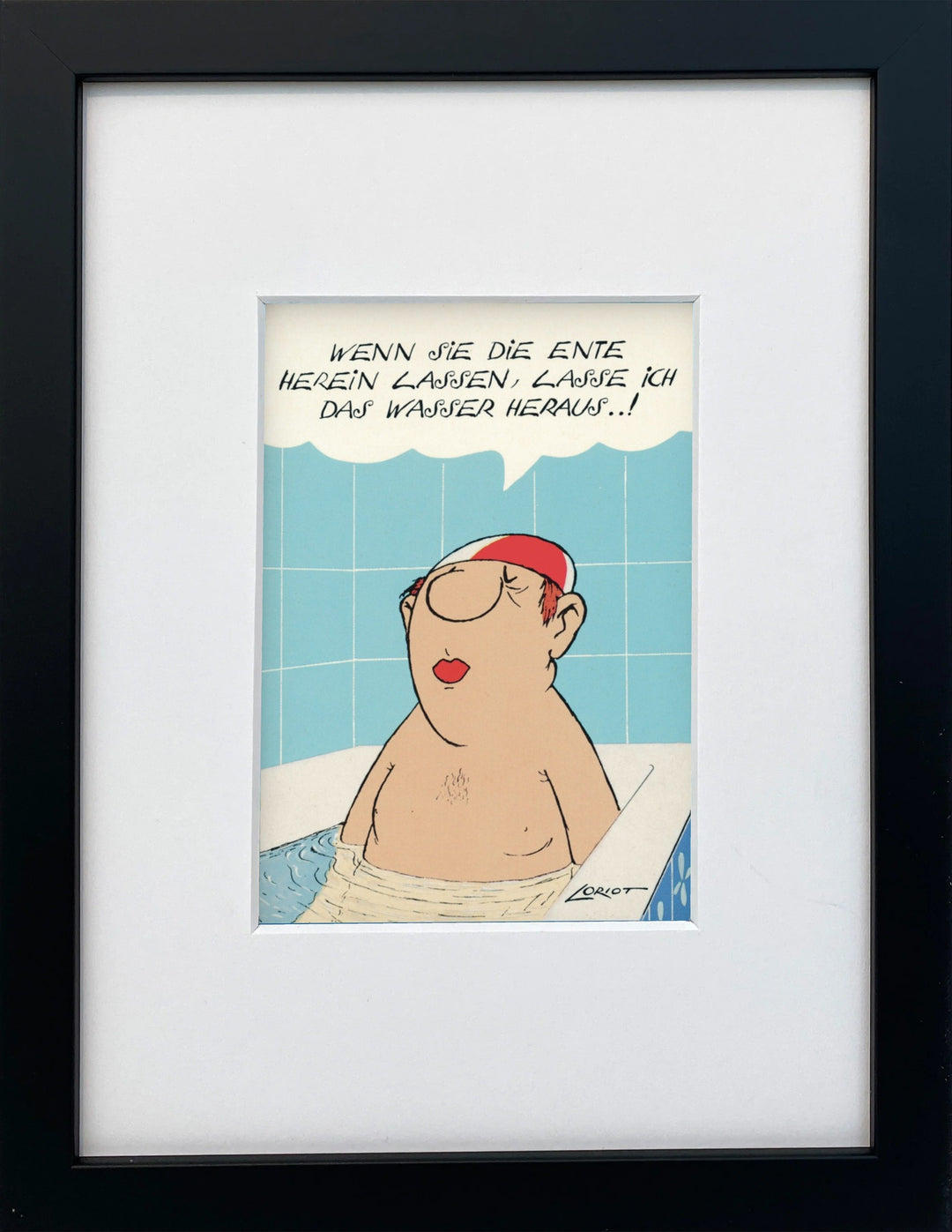 Loriot „Wenn Sie die Ente herein lassen…“ als gerahmter Miniprint im schwarzen Holzrahmen mit Passepartout