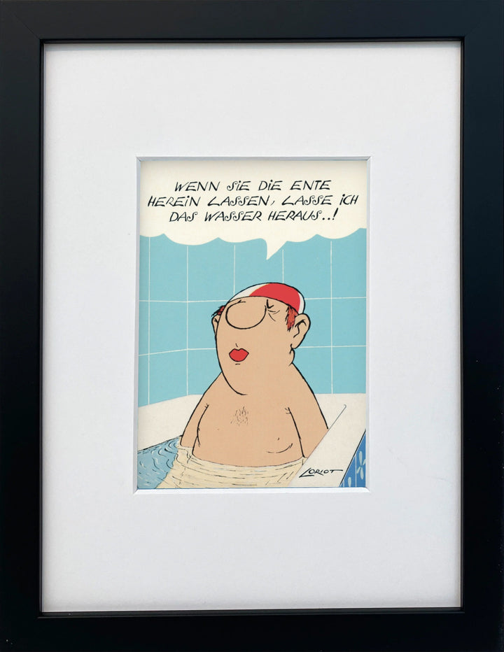 Loriot „Wenn Sie die Ente herein lassen…“ als gerahmter Miniprint im schwarzen Holzrahmen mit Passepartout