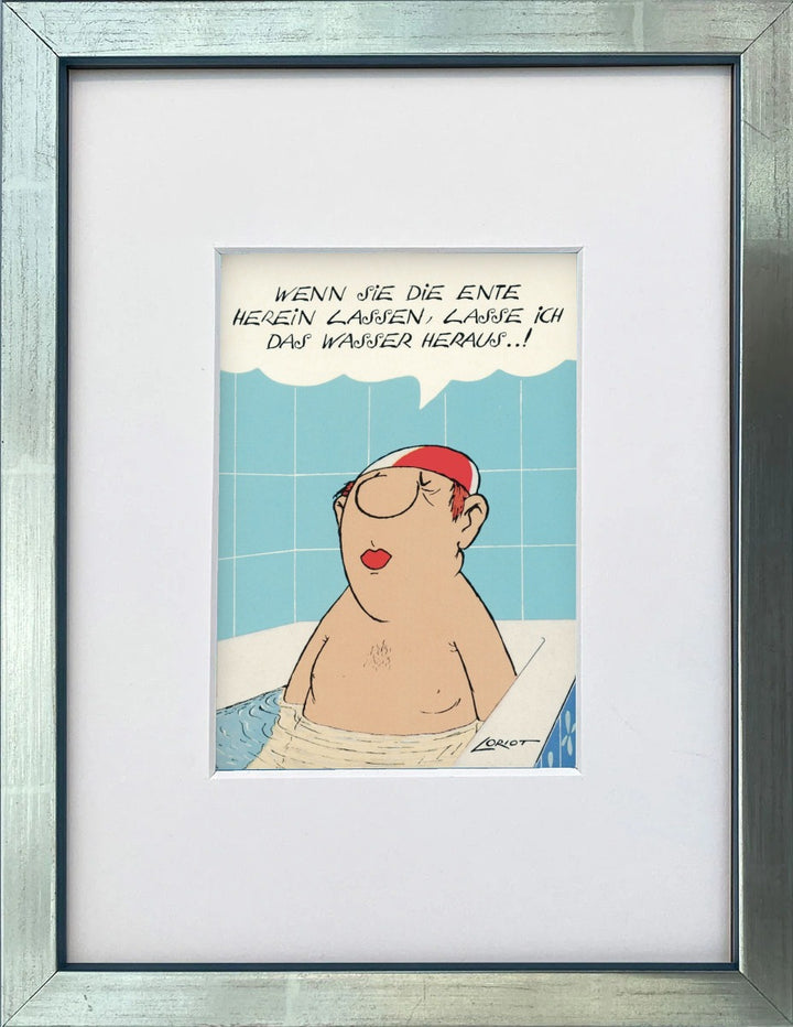 Loriot „Wenn Sie die Ente herein lassen…“ als gerahmter Miniprint im silbernen Holzrahmen mit Passepartout