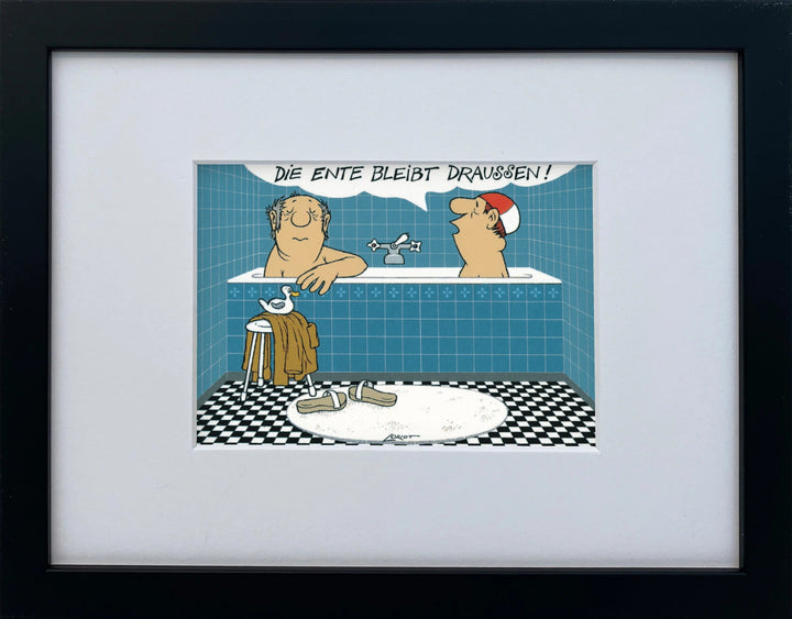 Loriot „Die Ente bleibt draußen!“ als gerahmter Miniprint im schwarzen Holzrahmen mit Passepartout