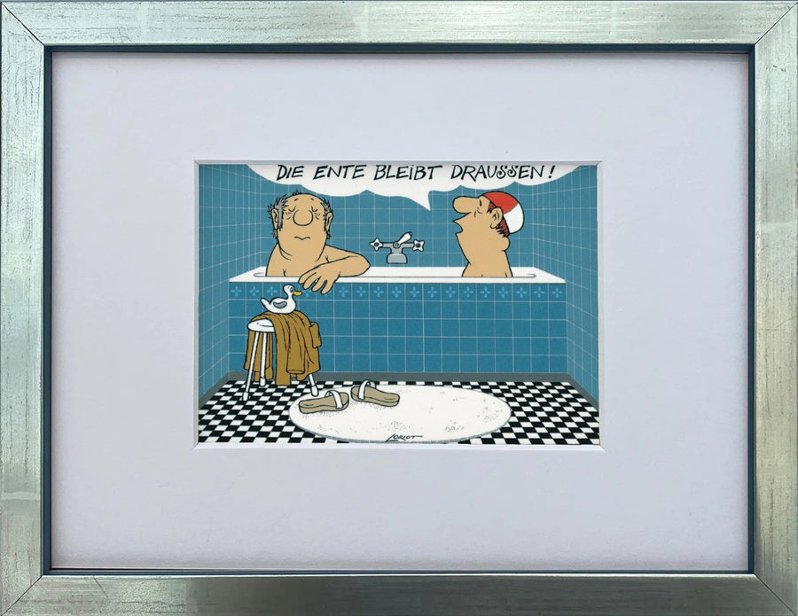 Loriot „Die Ente bleibt draußen!“ als gerahmter Miniprint im silbernen Holzrahmen mit Passepartout