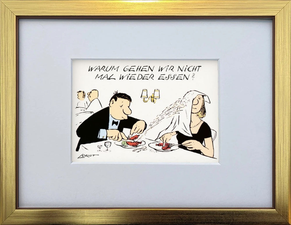 Loriot „Warum gehen wir nicht mal wieder essen?“ als gerahmter Miniprint im goldenen Holzrahmen mit Passepartout