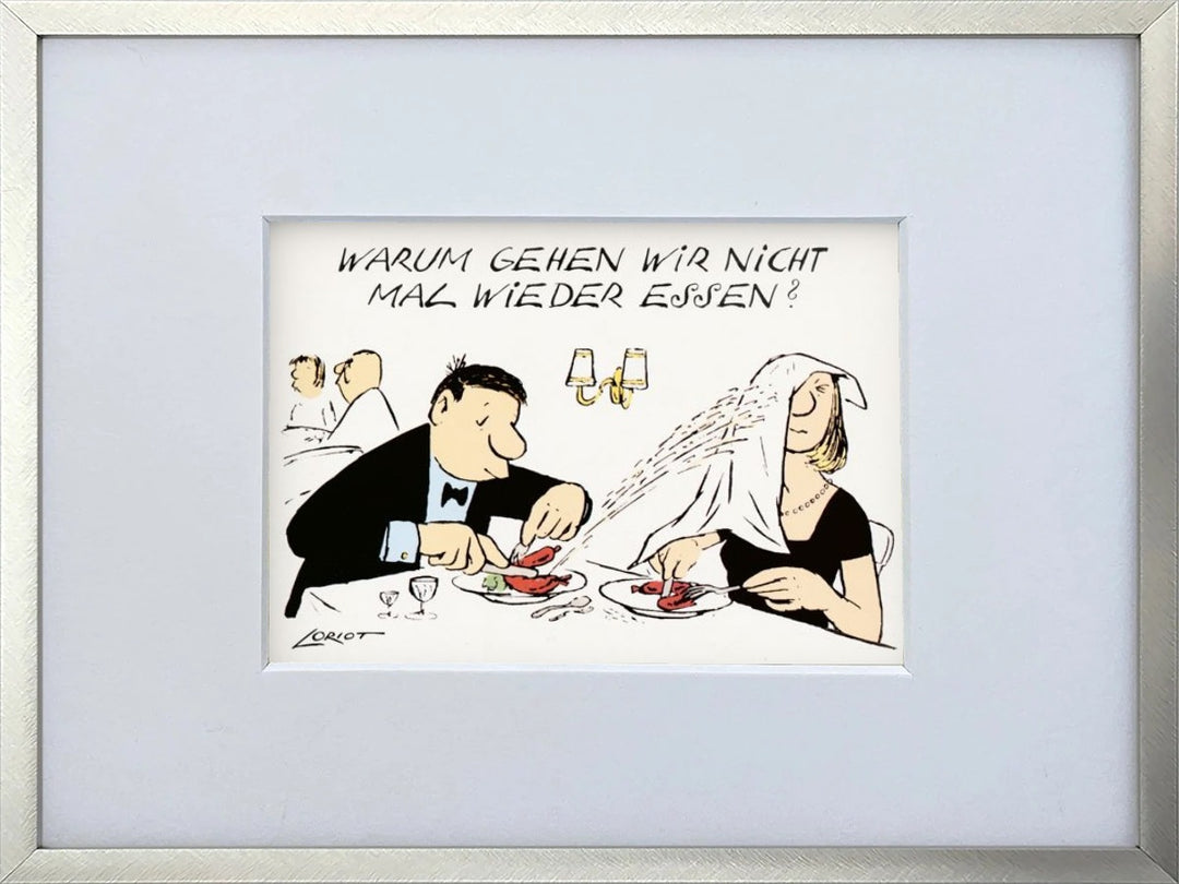 Loriot „Warum gehen wir nicht mal wieder essen?“ als gerahmter Miniprint im silbernen Metallrahmen mit Passepartout