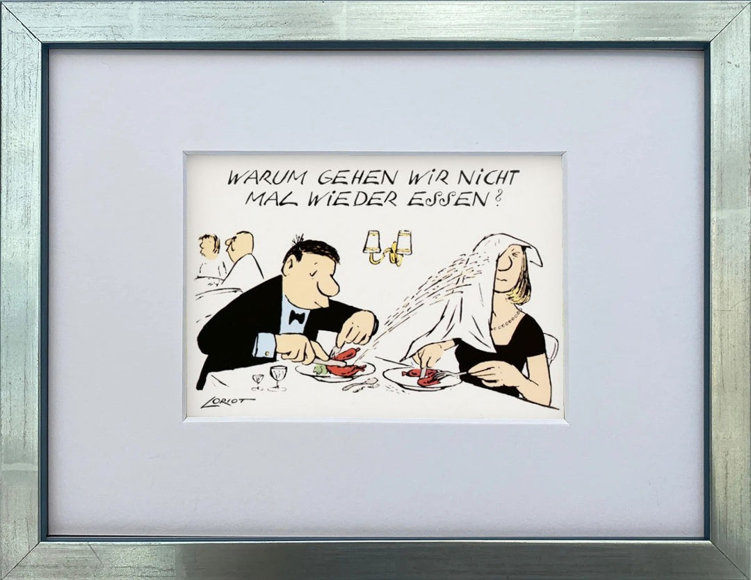 Loriot „Warum gehen wir nicht mal wieder essen?“ als gerahmter Miniprint im silbernen Holzrahmen mit Passepartout