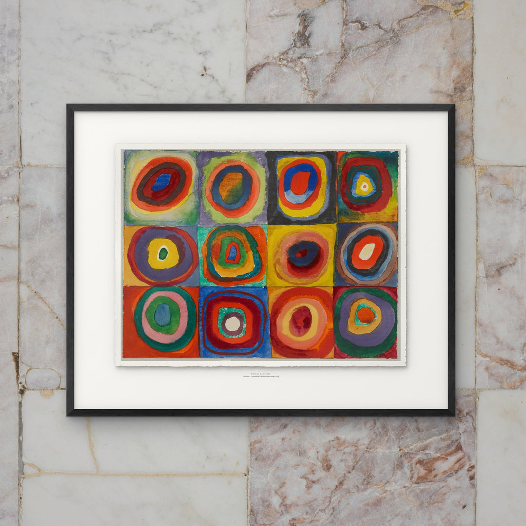  Wassily Kandinsky „ Farbstudie – Quadrate mit konzentrischen Ringen “ als handgerissener Büttendruck im schwarzen Rahmen