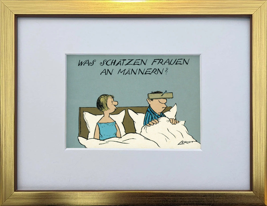 Loriot „Was schätzen Frauen an Männern“ als gerahmter Miniprint im goldenen Holzrahmen mit Passepartout