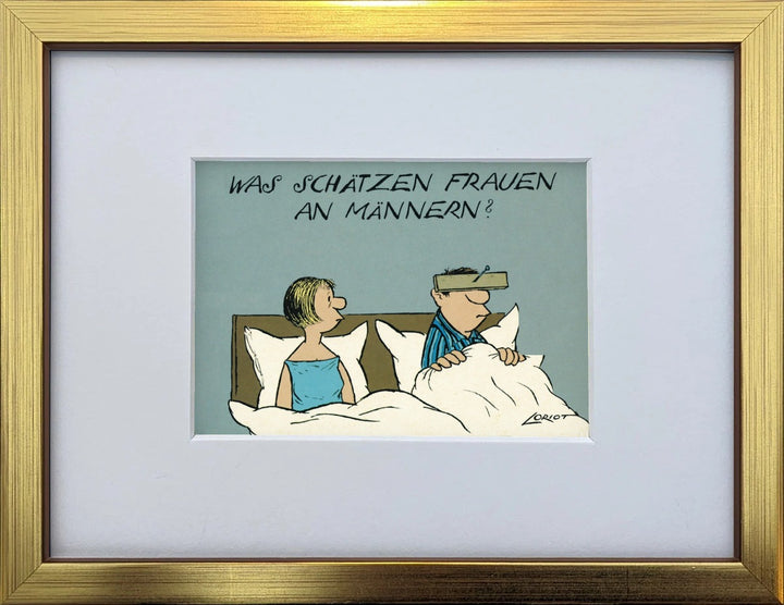 Loriot „Was schätzen Frauen an Männern“ als gerahmter Miniprint im goldenen Holzrahmen mit Passepartout
