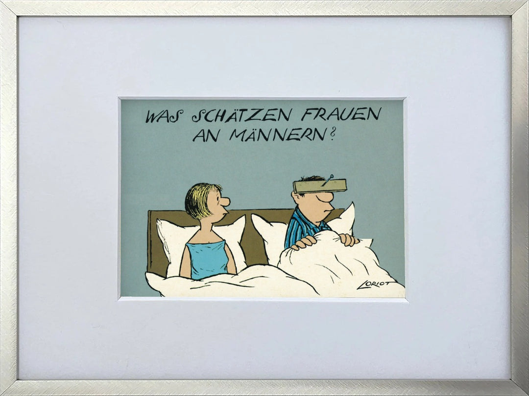 Loriot „Was schätzen Frauen an Männern“ als gerahmter Miniprint im silbernen Metallrahmen mit Passepartout