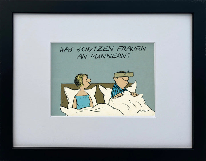 Loriot „Was schätzen Frauen an Männern“ als gerahmter Miniprint im schwarzen Holzrahmen mit Passepartout