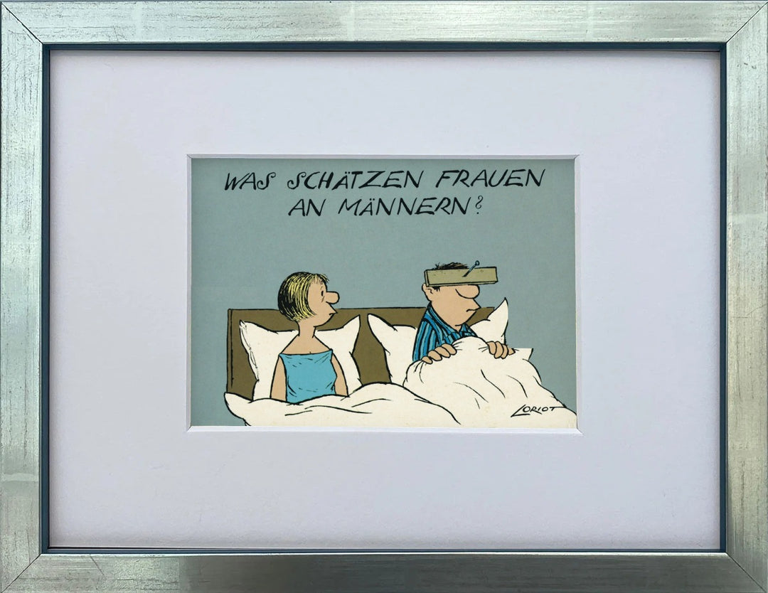 Loriot „Was schätzen Frauen an Männern“ als gerahmter Miniprint im silbernen Holzrahmen mit Passepartout