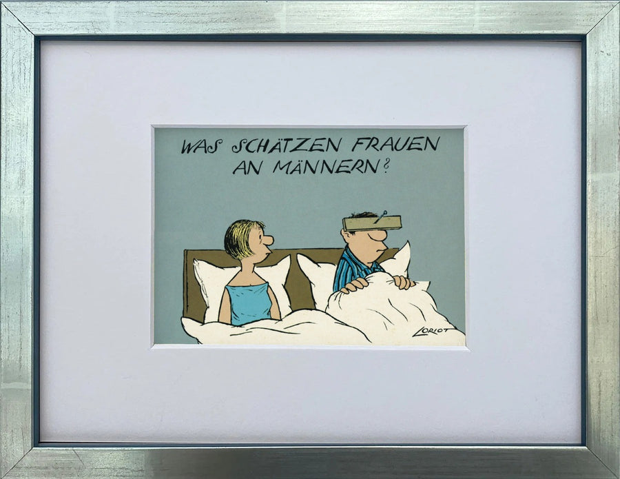 Loriot „Was schätzen Frauen an Männern“ als gerahmter Miniprint im silbernen Holzrahmen mit Passepartout