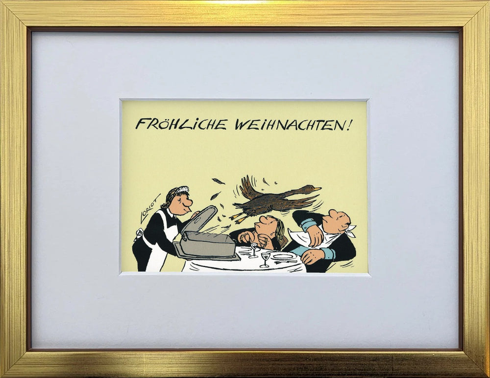 Loriot „Fröhliche Weihnachten!“ als gerahmter Miniprint im goldenen Holzrahmen mit Passepartout