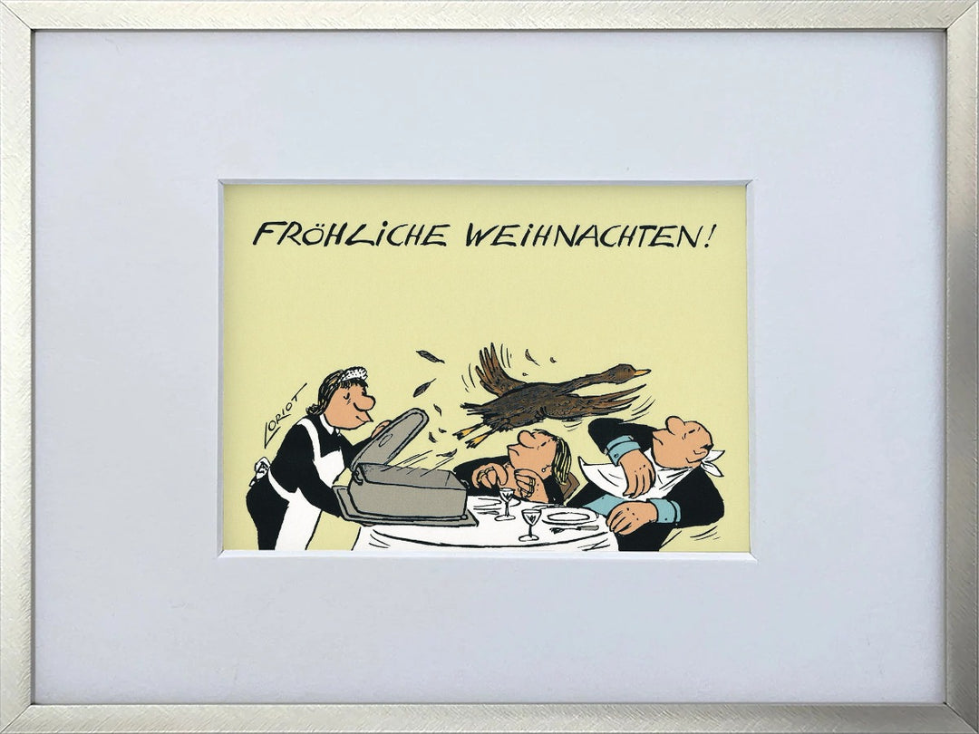 Loriot „Fröhliche Weihnachten!“ als gerahmter Miniprint im silbernen Metallrahmen mit Passepartout
