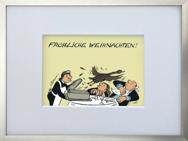 Loriot „Fröhliche Weihnachten!“ als gerahmter Miniprint im silbernen Metallrahmen mit Passepartout