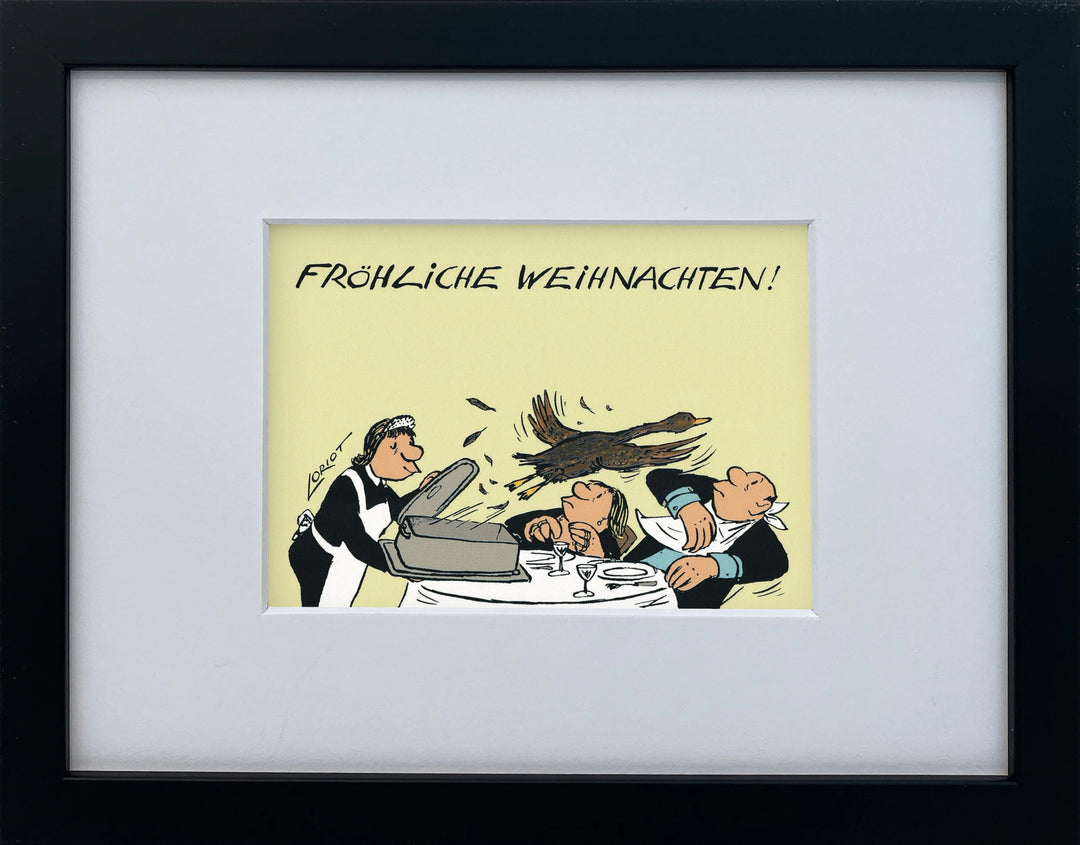 Loriot „Fröhliche Weihnachten!“ als gerahmter Miniprint im schwarzen Holzrahmen mit Passepartout