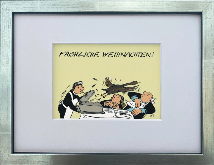 Loriot „Fröhliche Weihnachten!“ als gerahmter Miniprint im silbernen Holzrahmen mit Passepartout
