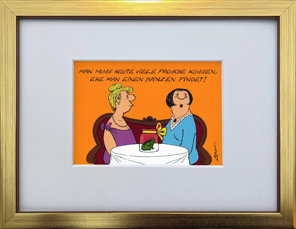 Loriot „Man muss heute viele Frösche küssen…“ als gerahmter Miniprint im goldenen Holzrahmen mit Passepartout