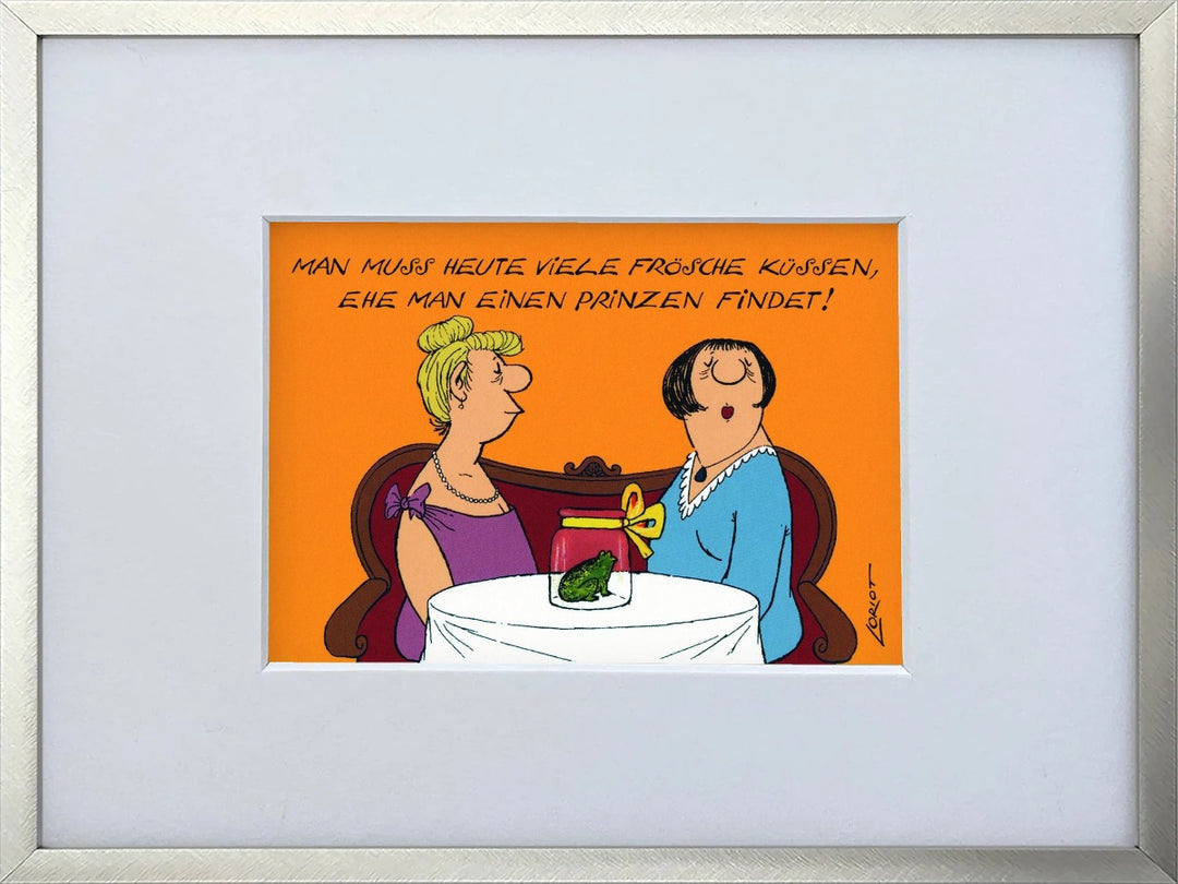 Loriot „Man muss heute viele Frösche küssen…“ als gerahmter Miniprint im silbernen Metallrahmen mit Passepartout