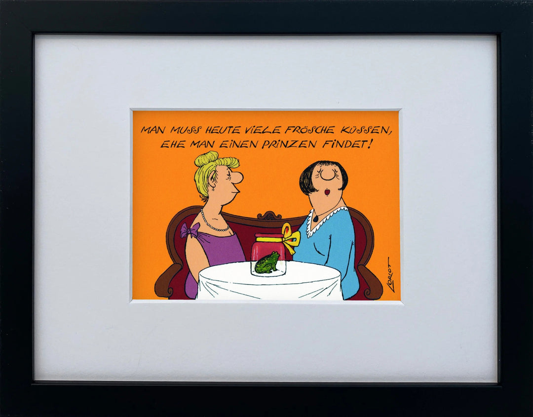 Loriot „Man muss heute viele Frösche küssen…“ als gerahmter Miniprint im schwarzen Holzrahmen mit Passepartout