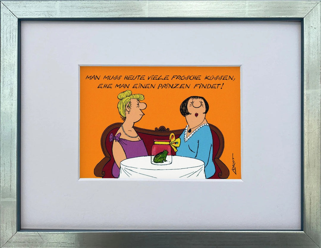 Loriot „Man muss heute viele Frösche küssen…“ als gerahmter Miniprint im silbernen Holzrahmen mit Passepartout