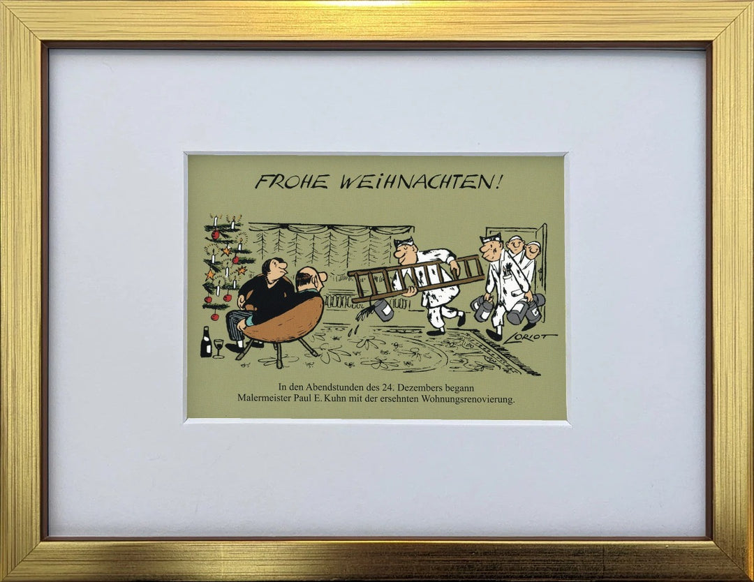 Loriot „Frohe Weihnachten“ als gerahmter Miniprint im goldenen Holzrahmen mit Passepartout