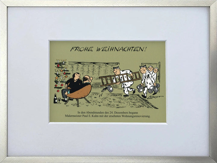 Loriot „Frohe Weihnachten“ als gerahmter Miniprint im silbernen Metallrahmen mit Passepartout