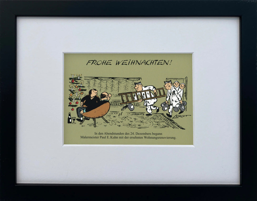 Loriot „Frohe Weihnachten“ als gerahmter Miniprint im schwarzen Holzrahmen mit Passepartout