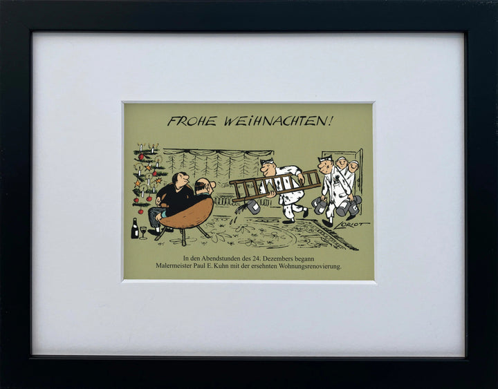 Loriot „Frohe Weihnachten“ als gerahmter Miniprint im schwarzen Holzrahmen mit Passepartout