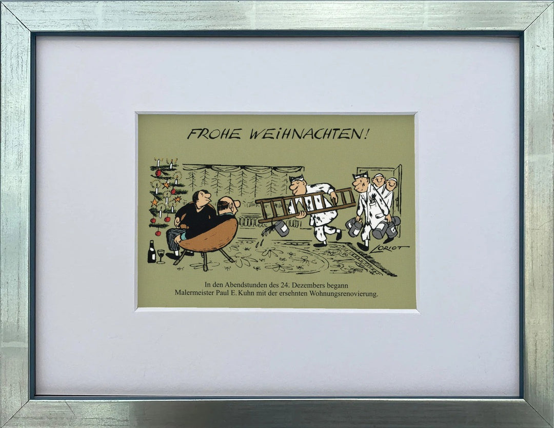Loriot „Frohe Weihnachten“ als gerahmter Miniprint im silbernen Holzrahmen mit Passepartout