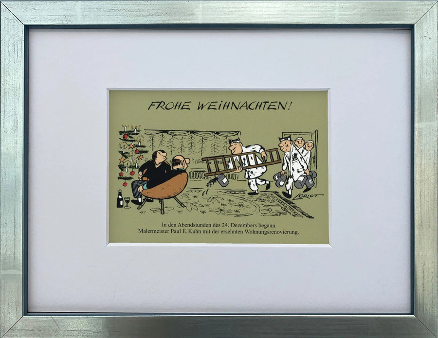 Loriot „Frohe Weihnachten“ als gerahmter Miniprint im silbernen Holzrahmen mit Passepartout