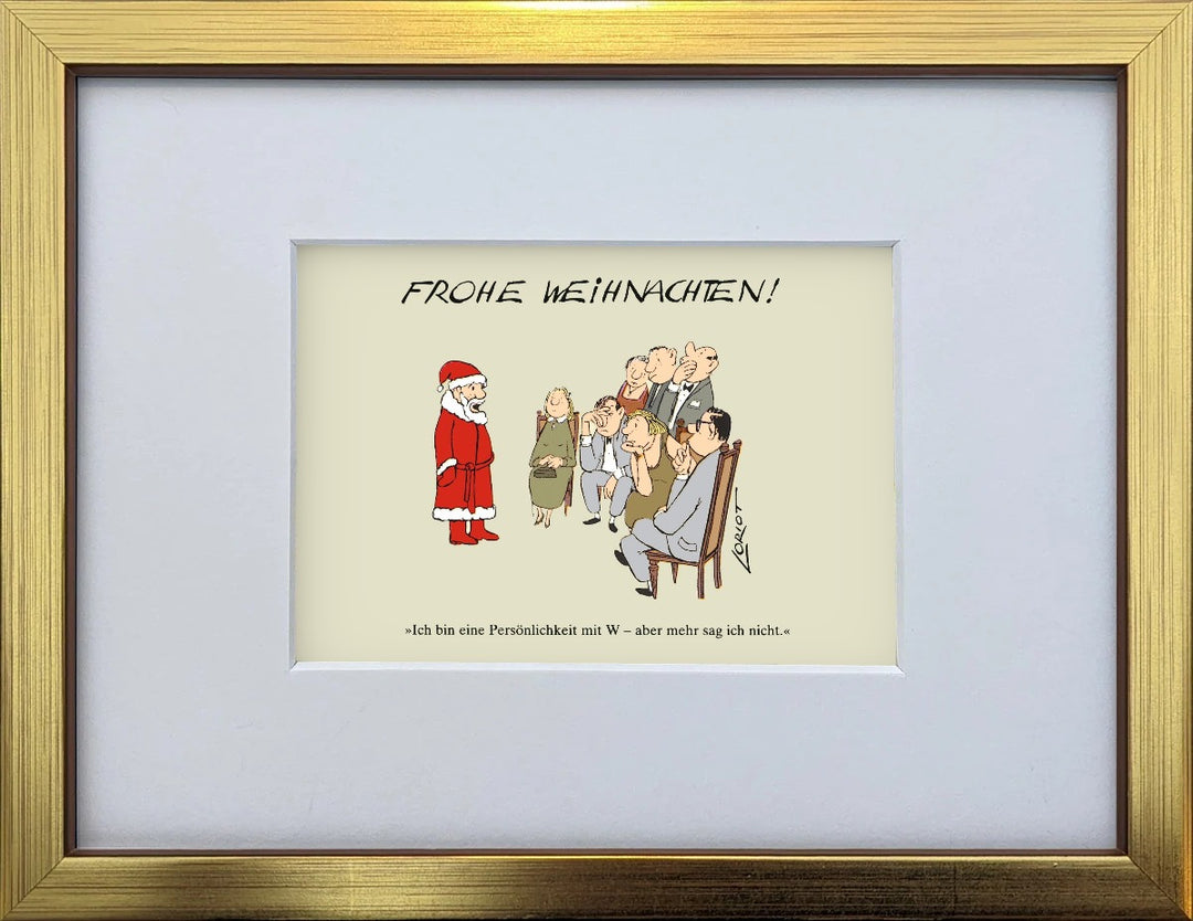 Loriot „Frohe Weihnachten!“ als gerahmter Miniprint im goldenen Holzrahmen mit Passepartout