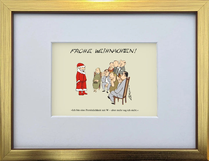 Loriot „Frohe Weihnachten!“ als gerahmter Miniprint im goldenen Holzrahmen mit Passepartout