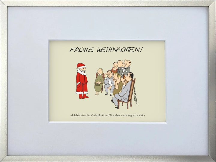 Loriot „Frohe Weihnachten!“ als gerahmter Miniprint im silbernen Metallrahmen mit Passepartout