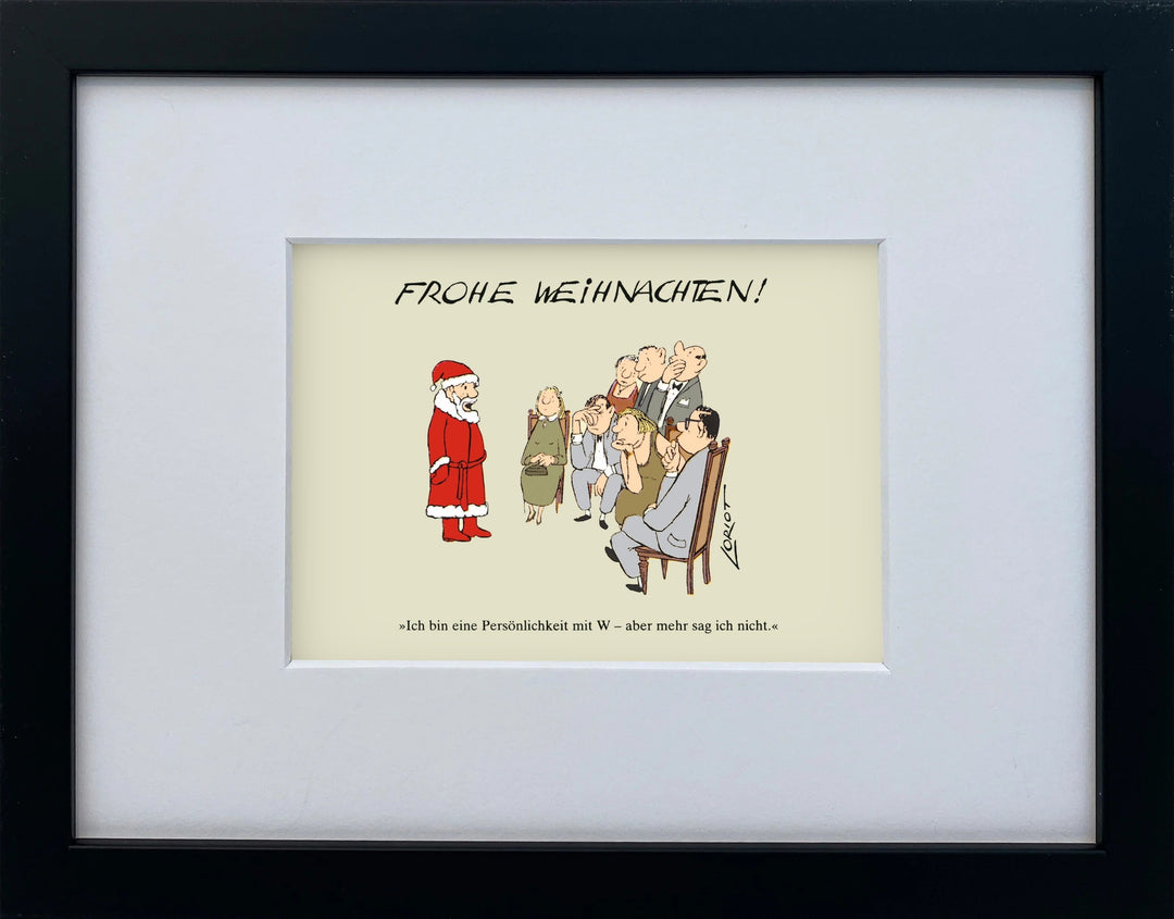 Loriot „Frohe Weihnachten!“ als gerahmter Miniprint im schwarzen Holzrahmen mit Passepartout