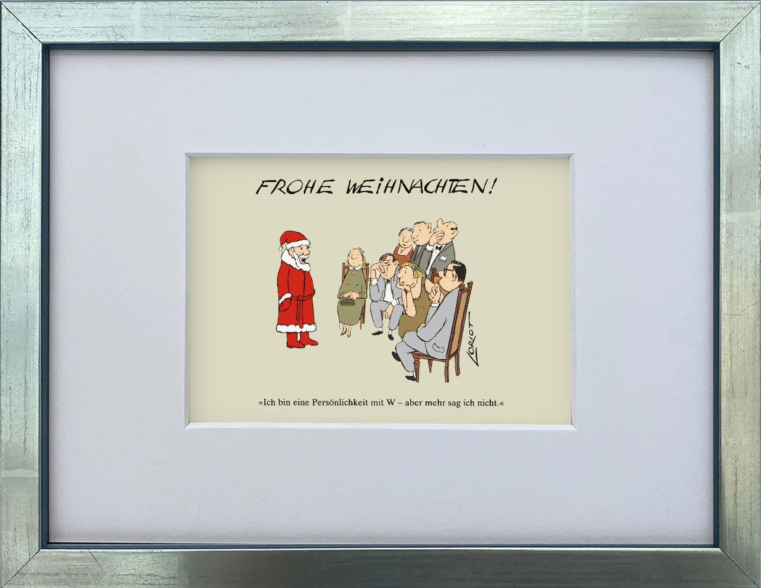 Loriot „Frohe Weihnachten!“ als gerahmter Miniprint im silbernen Holzrahmen mit Passepartout
