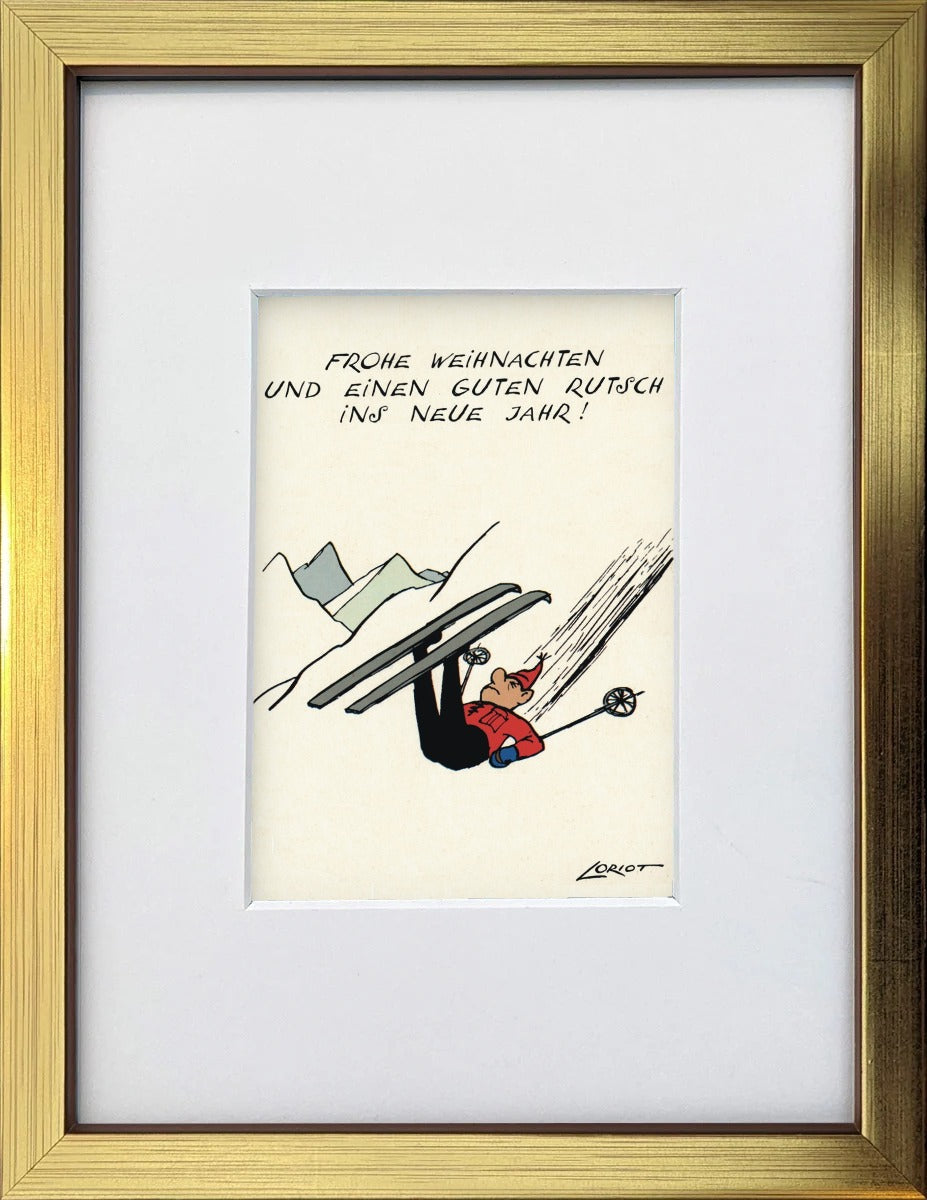 Loriot „Frohe Weihnachten und einen guten Rutsch ins Neue“ als gerahmter Miniprint im goldenen Holzrahmen mit Passepartout