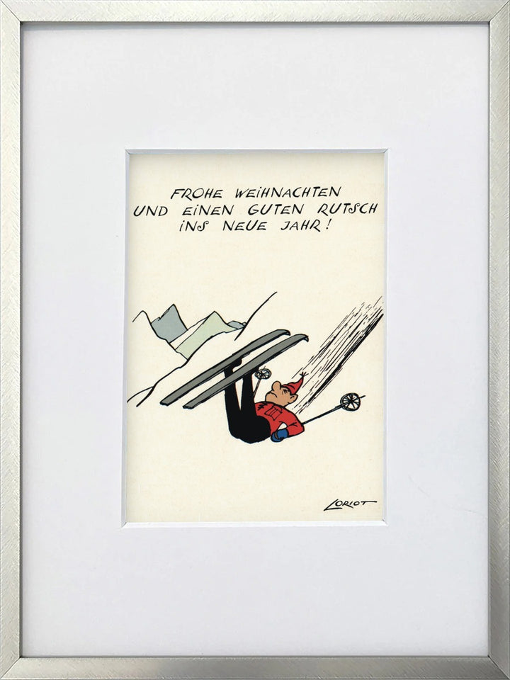Loriot „Frohe Weihnachten und einen guten Rutsch ins Neue“ als gerahmter Miniprint im silbernen Metallrahmen mit Passepartout