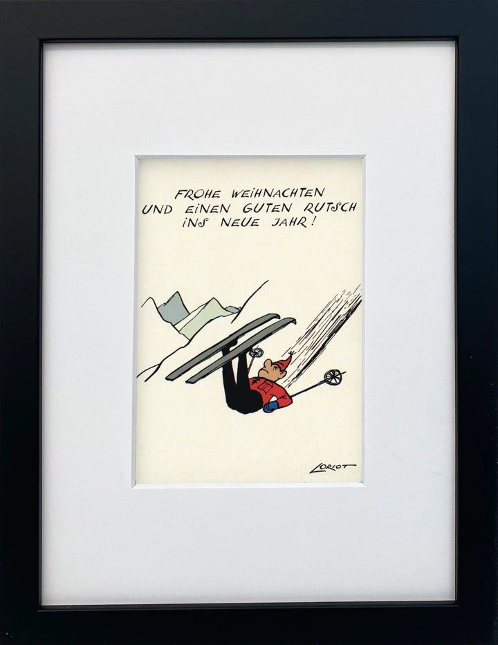 Loriot „Frohe Weihnachten und einen guten Rutsch ins Neue“ als gerahmter Miniprint im schwarzen Holzrahmen mit Passepartout