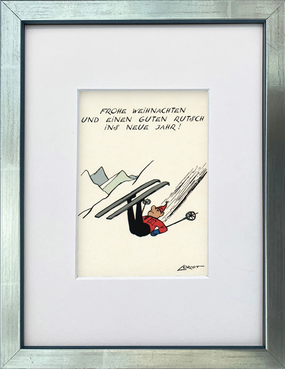 Loriot „Frohe Weihnachten und einen guten Rutsch ins Neue“ als gerahmter Miniprint im silbernen Holzrahmen mit Passepartout