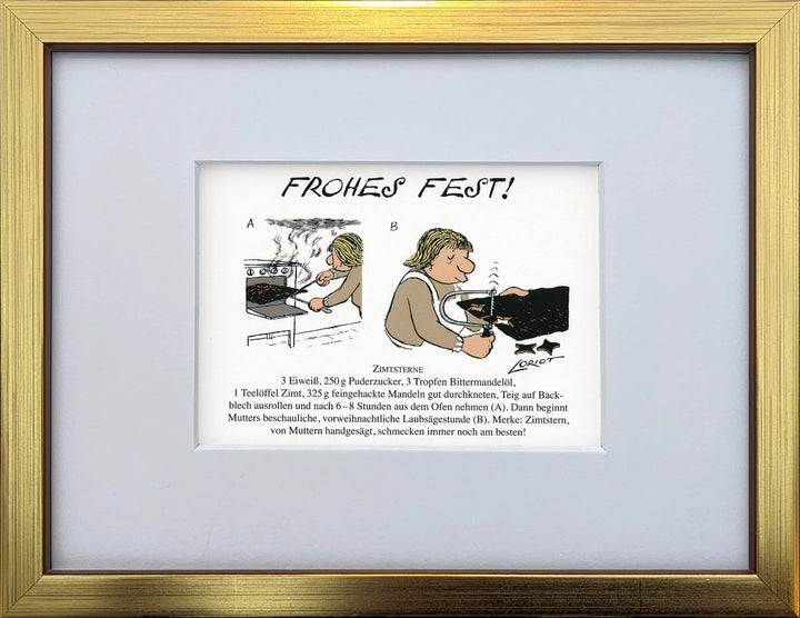 Loriot „Frohes Fest!“ als gerahmter Miniprint im goldenen Holzrahmen mit Passepartout