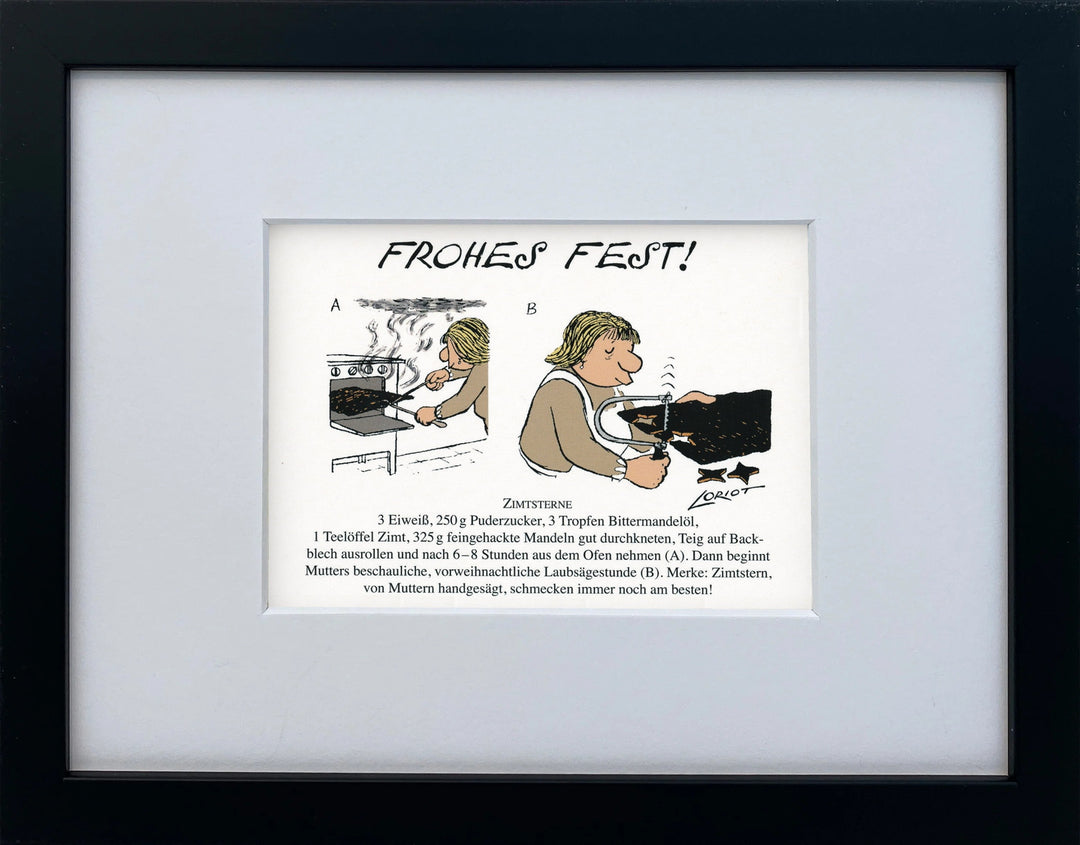 Loriot „Frohes Fest!“ als gerahmter Miniprint im schwarzen Holzrahmen mit Passepartout