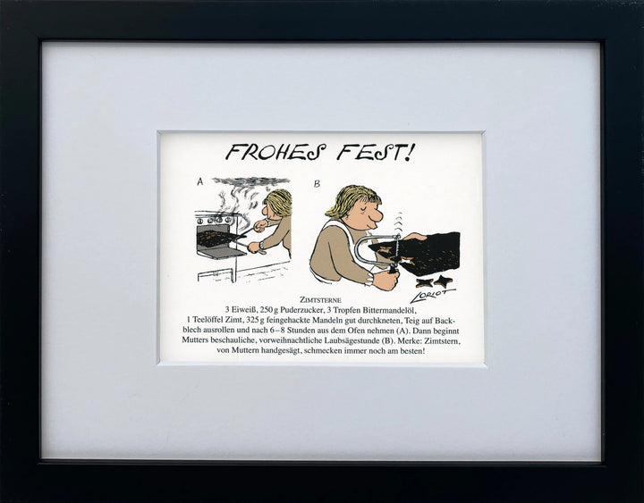 Loriot „Frohes Fest!“ als gerahmter Miniprint im schwarzen Holzrahmen mit Passepartout