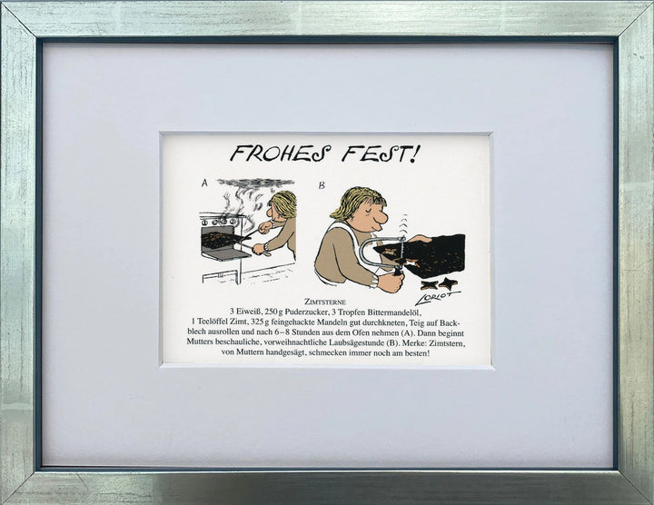 Loriot „Frohes Fest!“ als gerahmter Miniprint im silbernen Holzrahmen mit Passepartout