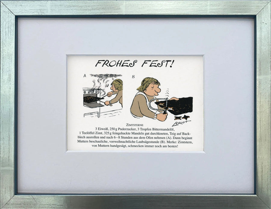 Loriot „Frohes Fest!“ als gerahmter Miniprint im silbernen Holzrahmen mit Passepartout