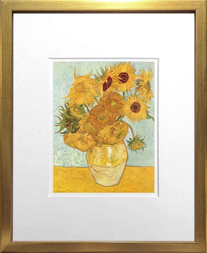 Zwölf Sonnenblumen in einer Vase mit grünem Hintergrund - Vincent van Gogh | Meisterwerke Miniprint
